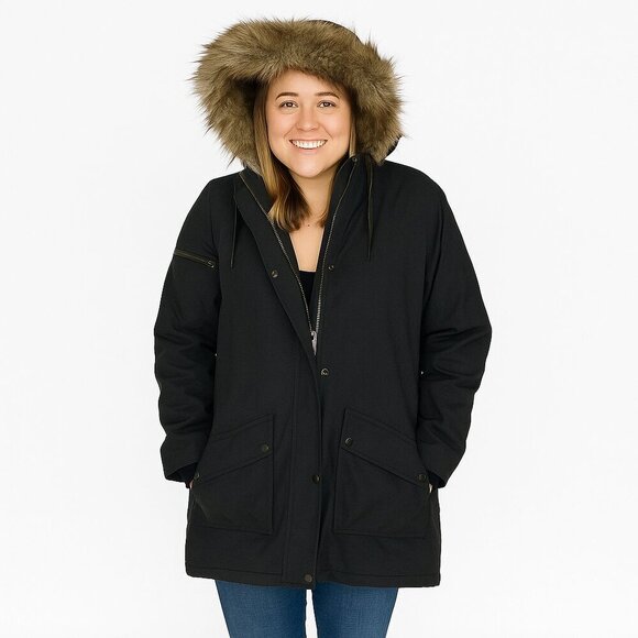 Buffalo David Bitten Jacket Large Grey Faux Fur Asymmetrical Zip Hooded Winter - Picture 1 of 15